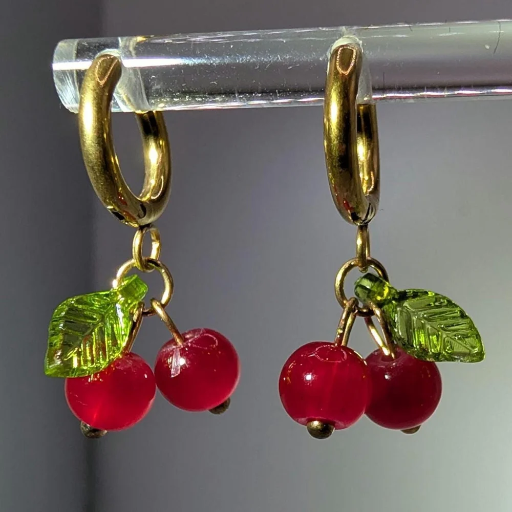 Gold Cherry Huggie Earrings, Gold Ion Plated Stainless Steel Hoops, Glass Beads - Picture 3 of 6